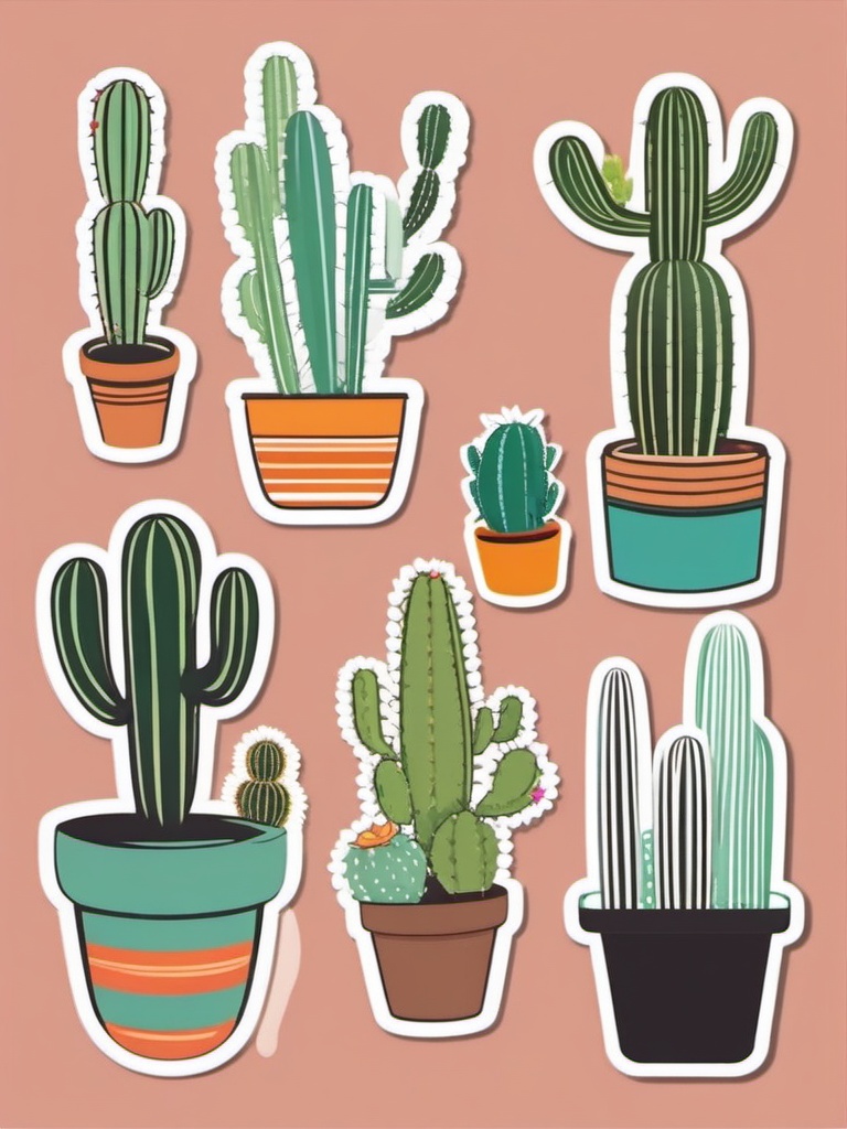 Cactus Trio Sticker - Three cute potted cacti, ,vector color sticker art,minimal