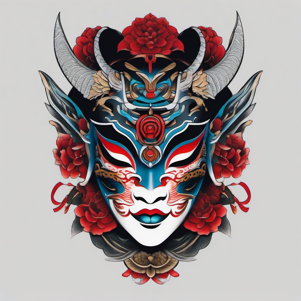 geisha oni mask tattoo  simple color tattoo,white background,minimal