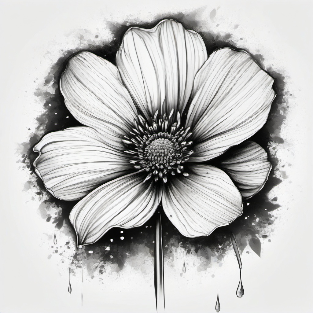 drawing of a flower with dew drops  minimal rough sketch scribbles,doodles,black and white