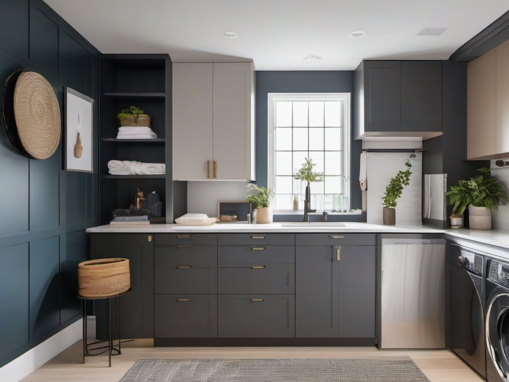 A utility room designed with urban modern interior design includes practical storage solutions, contemporary accents, and a clean layout that makes chores feel efficient and stylish.  