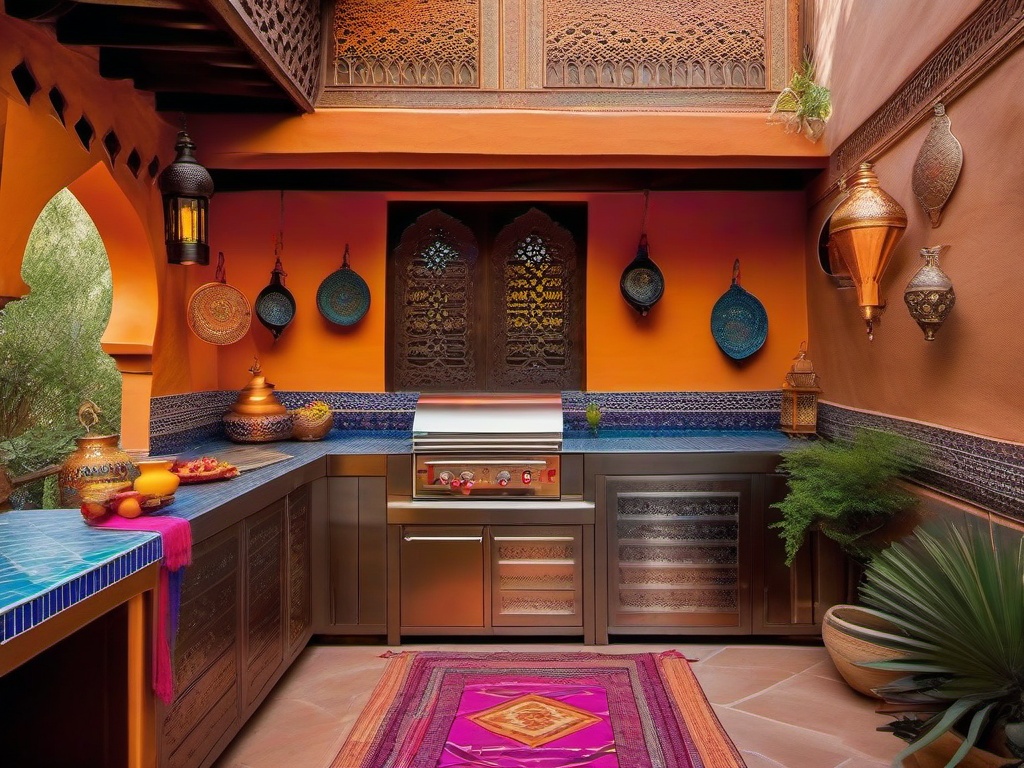 Moroccan outdoor kitchen dazzles with vibrant tiles, intricate lanterns, and colorful textiles, creating an exotic and inspiring outdoor space.  