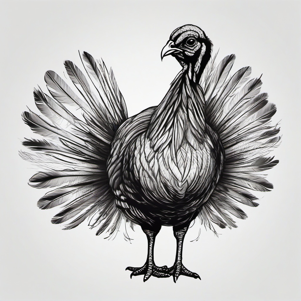 drawing of a turkey with feathers spread  minimal rough sketch scribbles,doodles,black and white