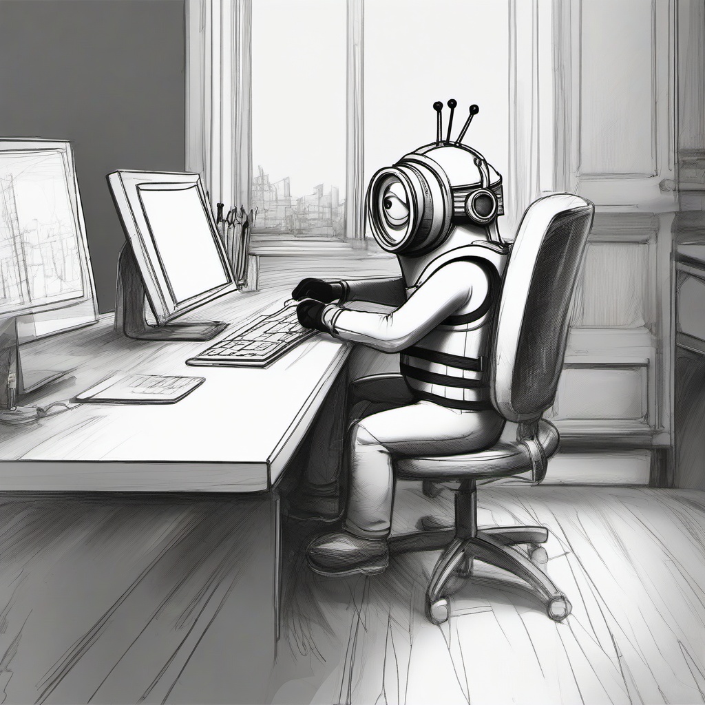 drawing of a minion working on a project  minimal rough sketch scribbles,doodles,black and white