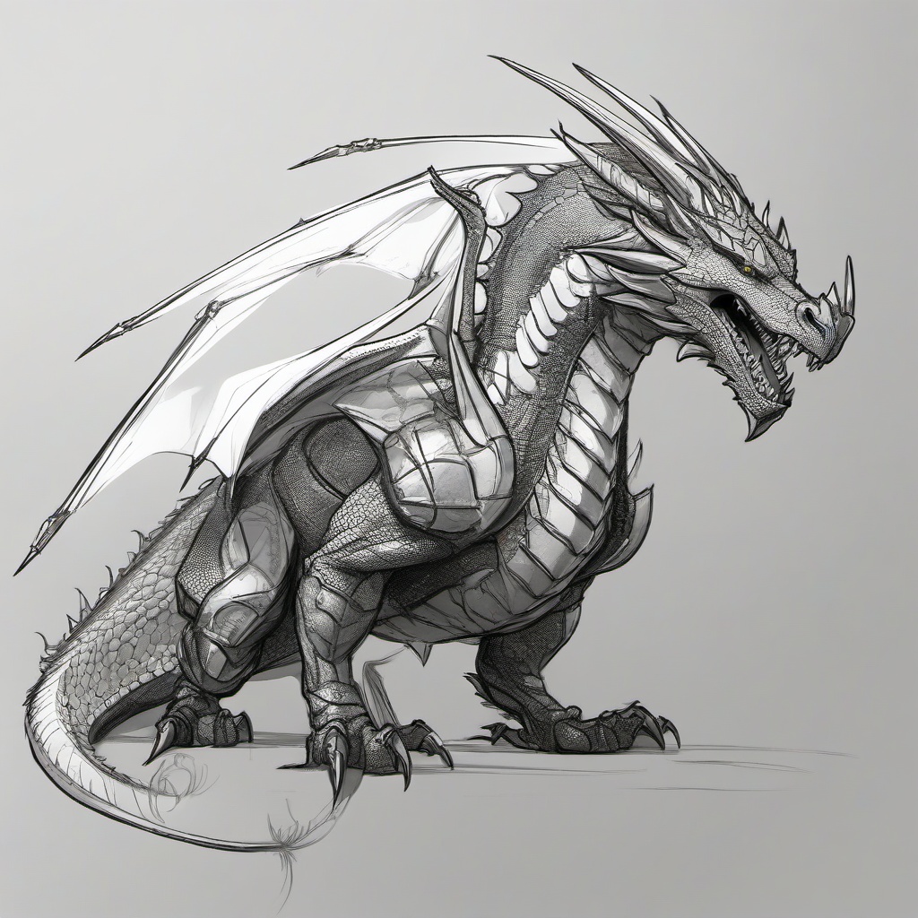 drawing of an armored dragon  minimal rough sketch scribbles,doodles,black and white