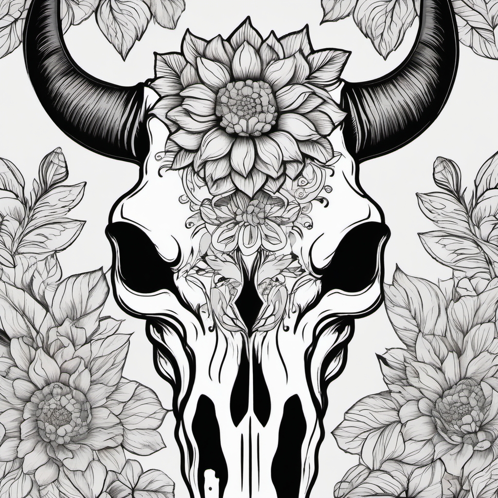 Floral cow skull ink: Nature's touch, soft contrast.  black and white tattoo style