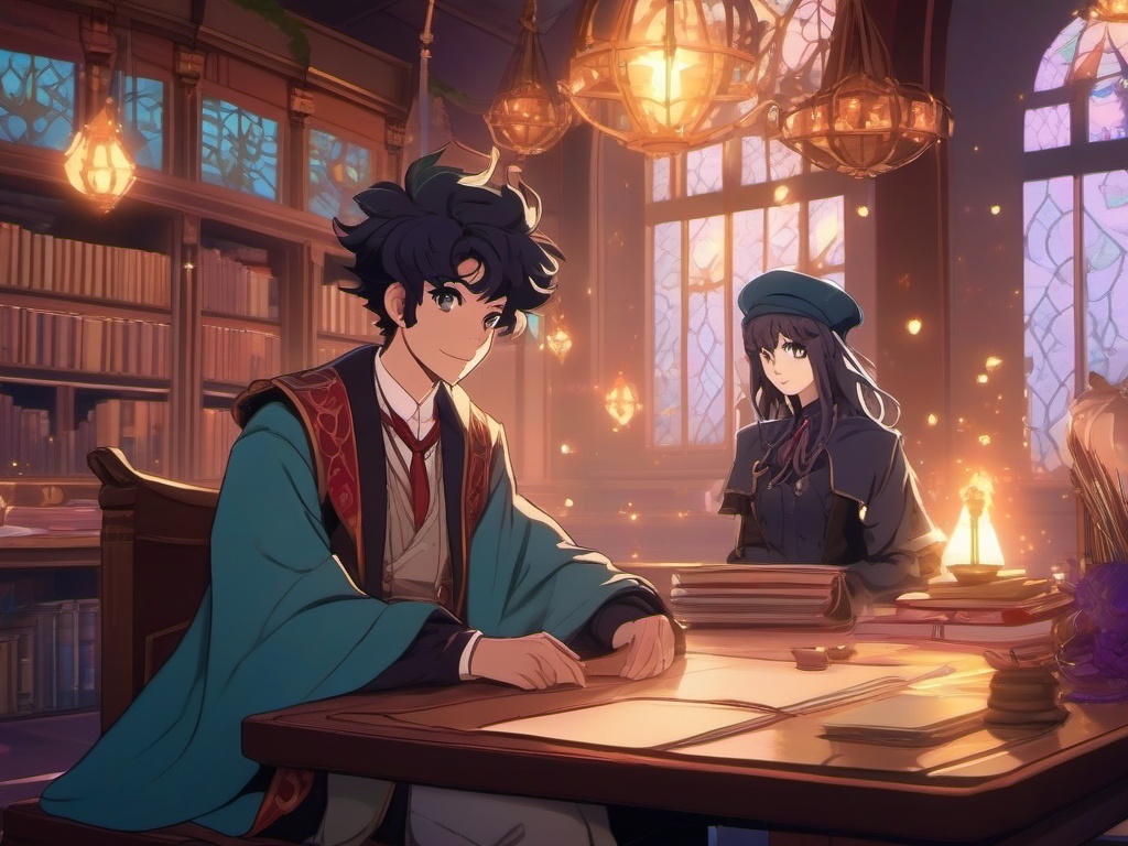 Magical prodigy and magical prodigy companion, in a whimsical magical school, attending spellbinding classes and mastering arcane arts, as a matching pfp for friends. wide shot, cool anime color style