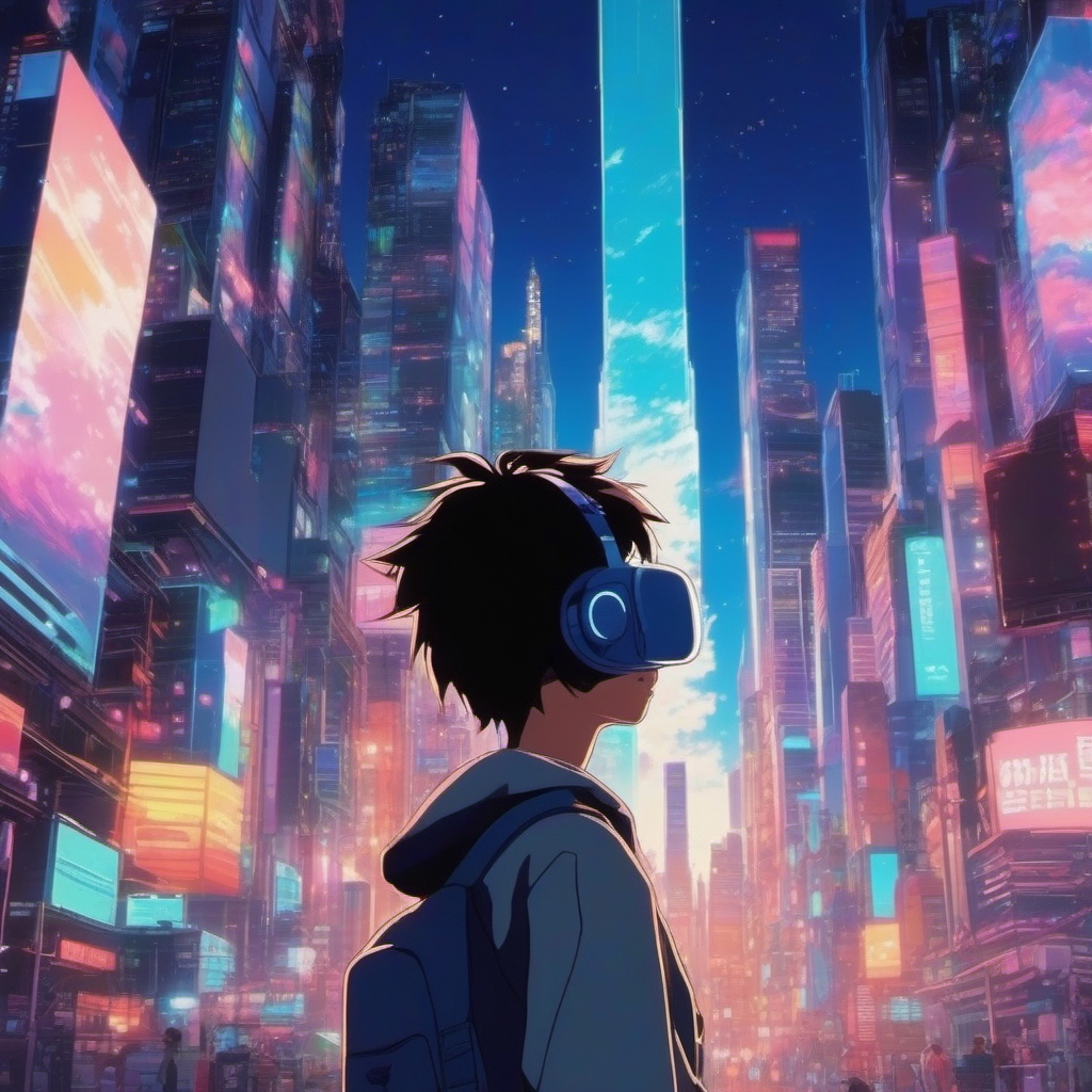 In a virtual reality realm, an introverted anime boy finds courage and friendship while facing challenges in a pixelated dreamscape.  1990s anime style