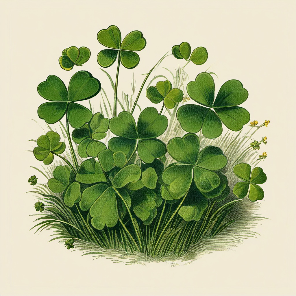 Four Leaf Clover clipart - vintage illustration of a clover patch  