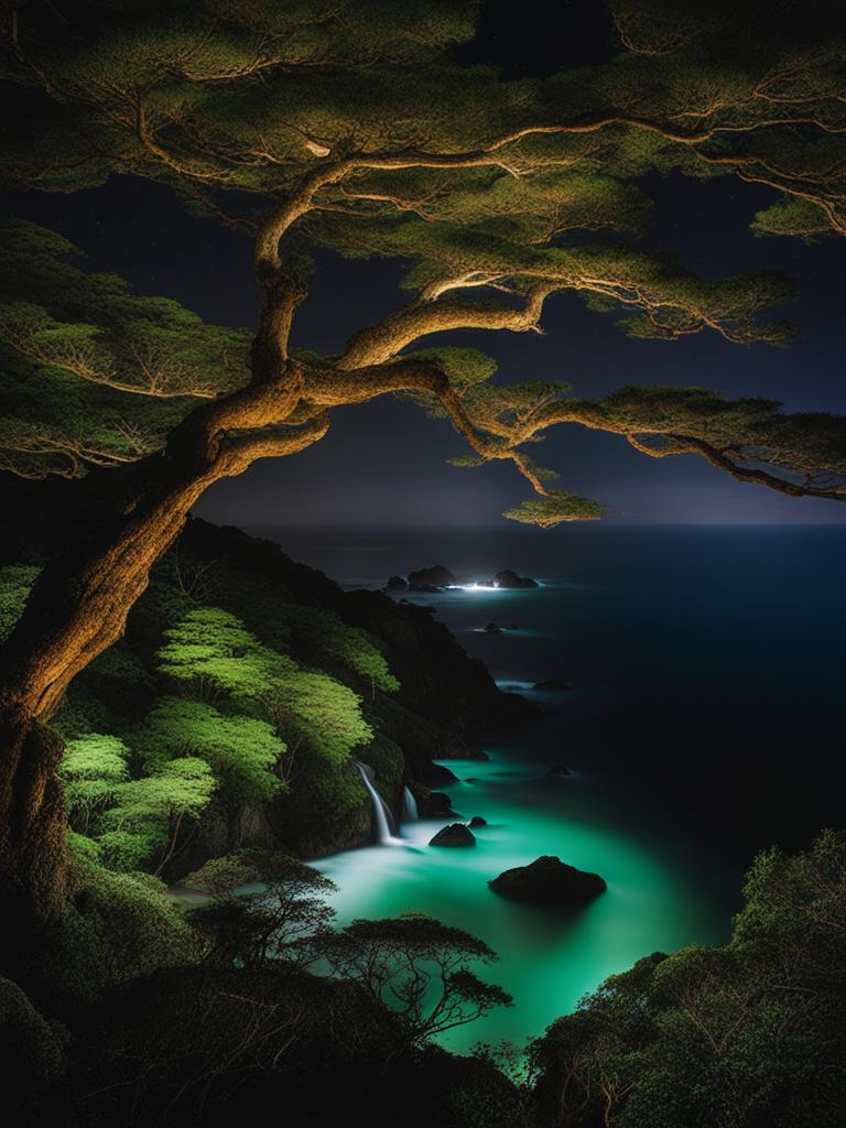 yakushima island - paint a mystical night scene of yakushima island's ancient cedar forests, with bioluminescent flora creating an otherworldly atmosphere. 