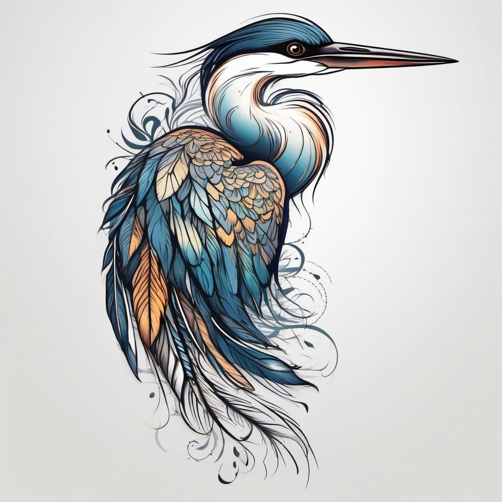 Mystical heron tattoo with enchanting, magical feathers.  color tattoo style, minimalist design, white background