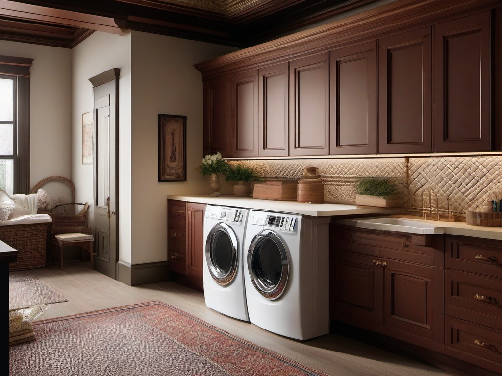 In the laundry room, Russian Revival interior design includes traditional cabinetry, stylish storage solutions, and decorative details that make chores feel less tedious in a beautifully curated space.  