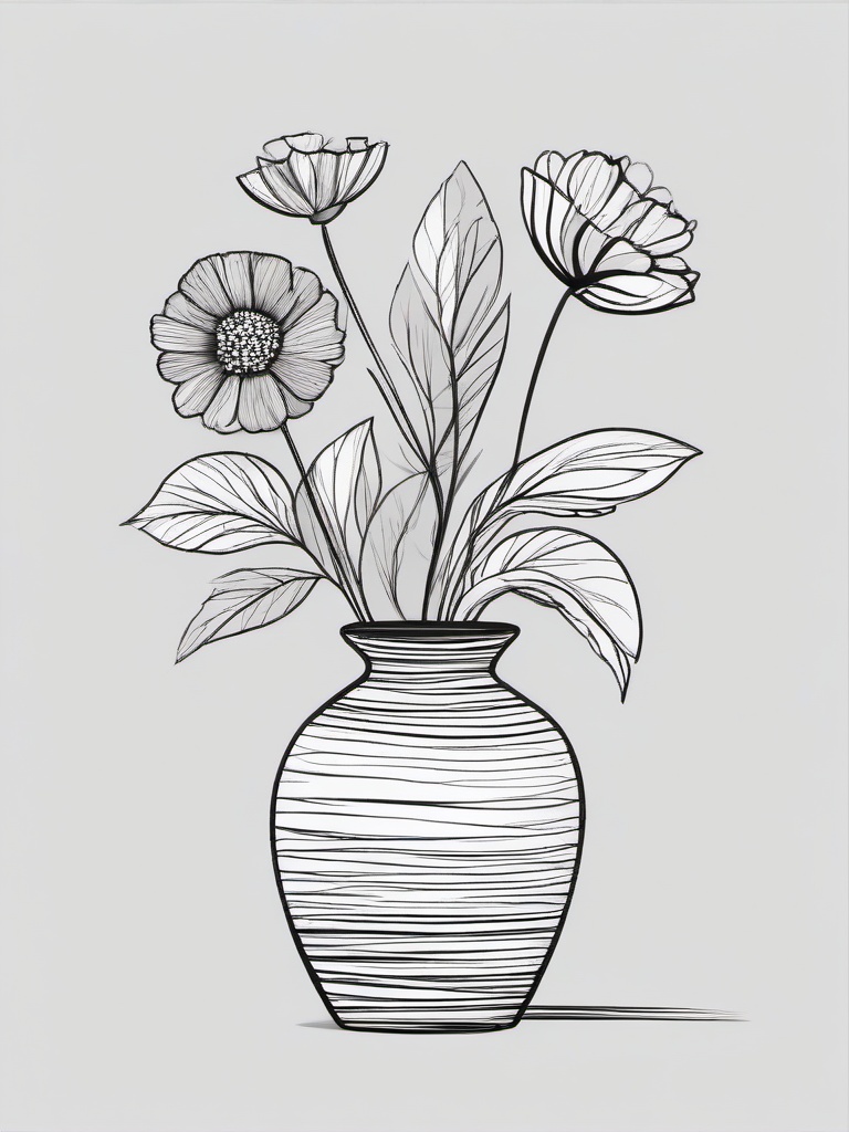 drawing of a vase with flowers  minimal rough scribbles,doodles,black and white