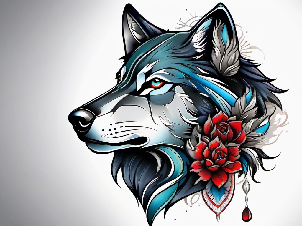 Neo Traditional Wolf,modern take on the traditional wolf, reflecting contemporary values and aesthetics. , color tattoo design, white clean background