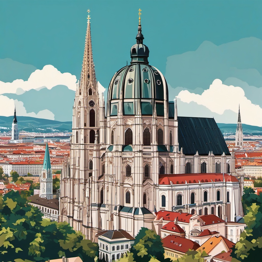 Vienna clipart - St. Stephen's Cathedral and Vienna cityscape, ,color clipart vector style