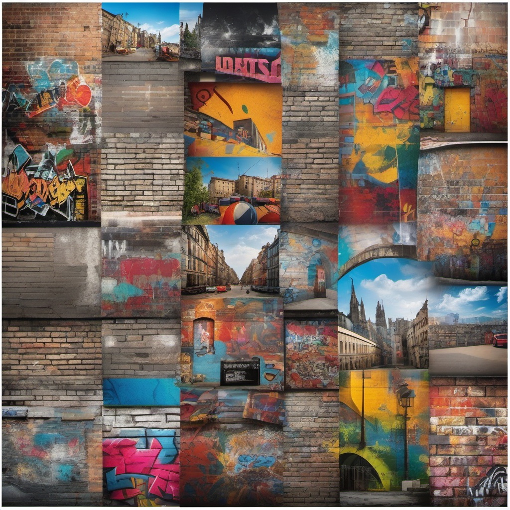 Graffiti wall with a collage of images, collages, and textures top view, product photoshoot realistic background, hyper detail, high resolution