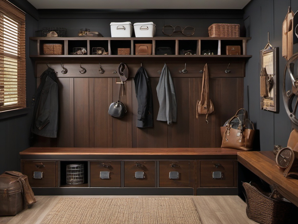 A mudroom designed with steampunk interior design includes vintage hooks, industrial storage solutions, and an organized layout that makes coming and going a stylish experience.  