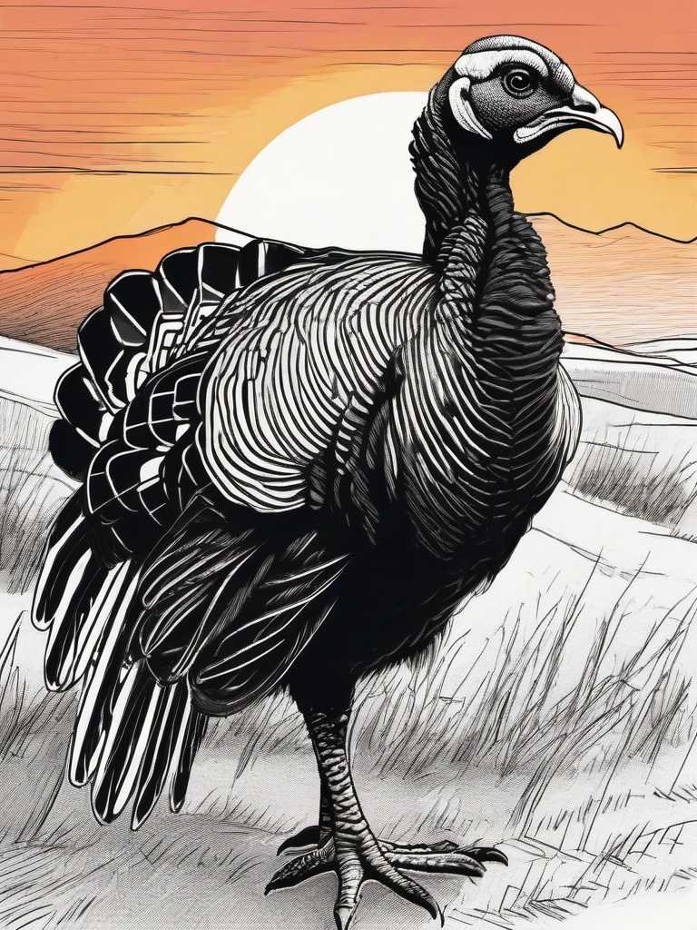 drawing of a turkey at sunset  minimal rough sketch scribbles,doodles,black and white