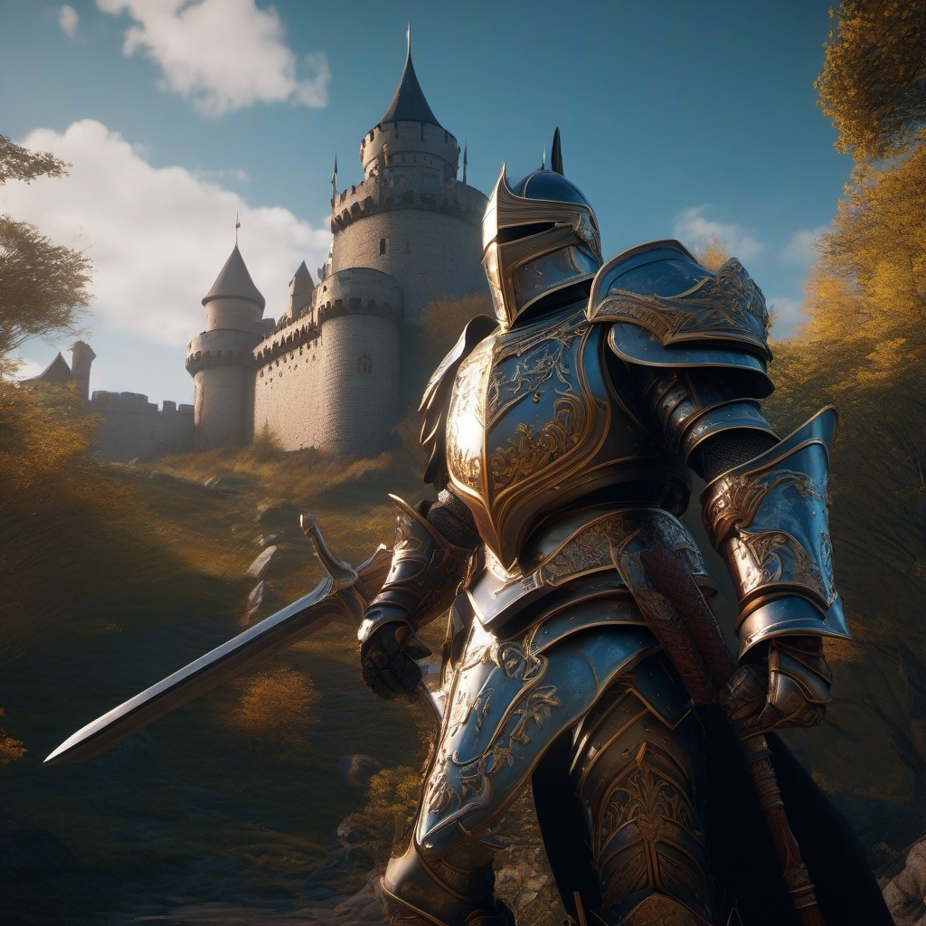 Animated Armor Guarding a Castle with a Knight detailed matte painting, deep color, fantastical, intricate detail, splash screen, complementary colors, fantasy concept art, 8k resolution trending on artstation unreal engine 5