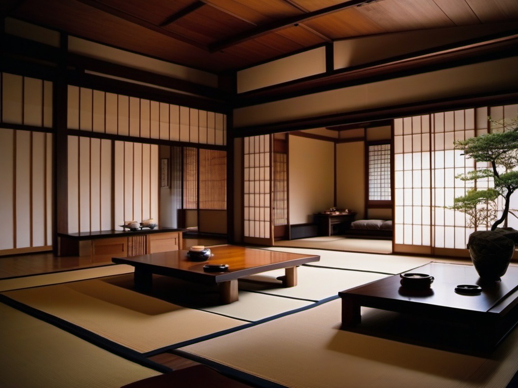 Traditional Japanese tea room with custom Tatami floor mats, Shoji sliding paper doors, and Muji minimalist wooden low tables.  