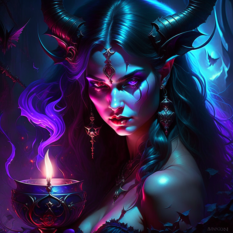 succubus, the seductive demoness, weaving spells in the shadowy depths of a moonlit chamber. 