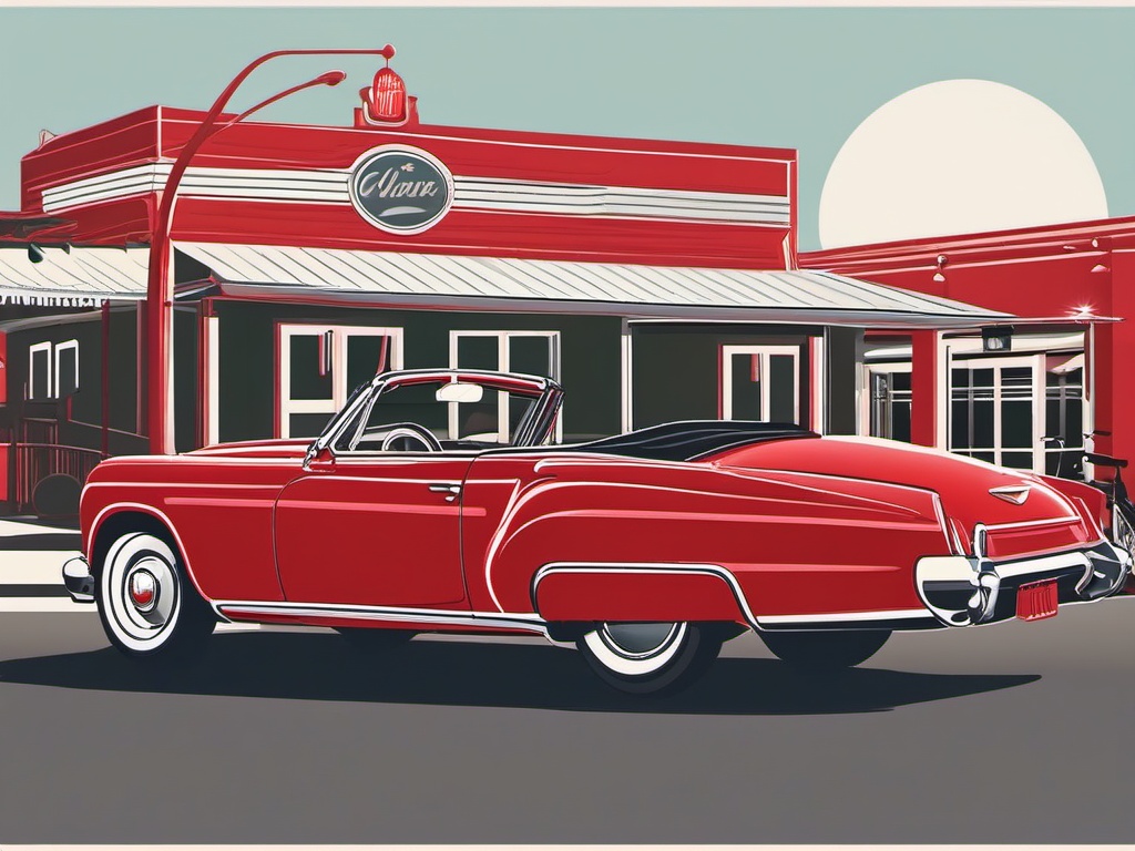 Car Clipart - Vintage red convertible parked in front of a diner.  color clipart, minimalist, vector art, 