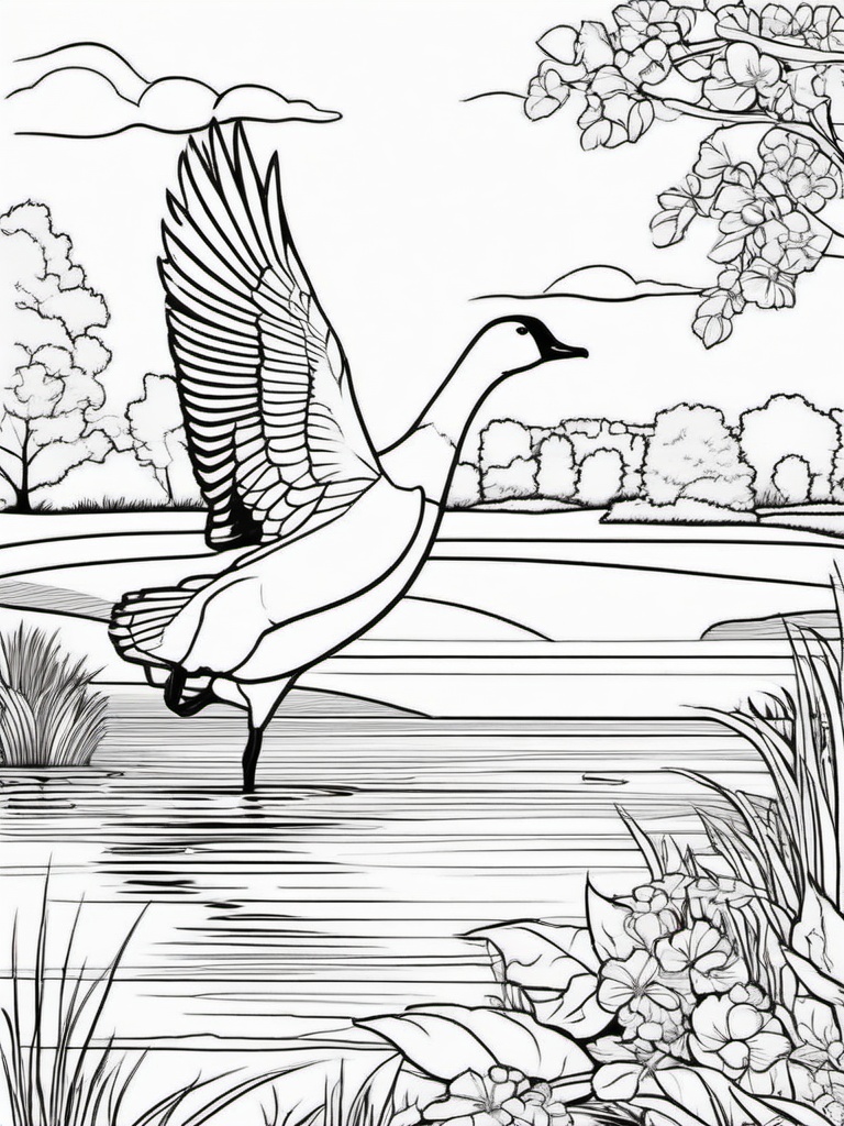 Farm Animal Coloring Pages - Goose flapping its wings by a pond  simple coloring pages