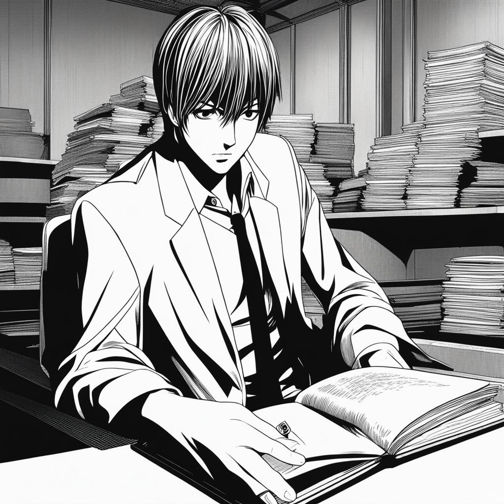 light yagami strategizes and writes names in the death note in a shadowy room. 