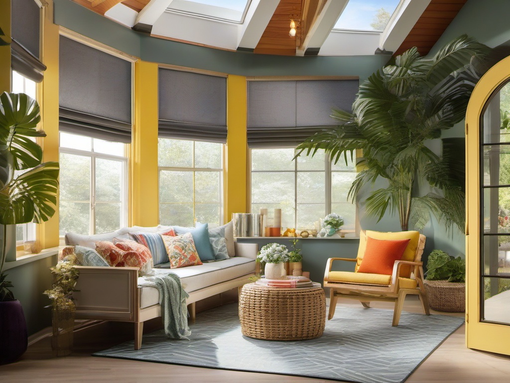 A sunroom with cosmic chic interior design highlights bright furnishings, celestial wall decor, and an abundance of natural light, providing a joyful space to relax and enjoy nature.  