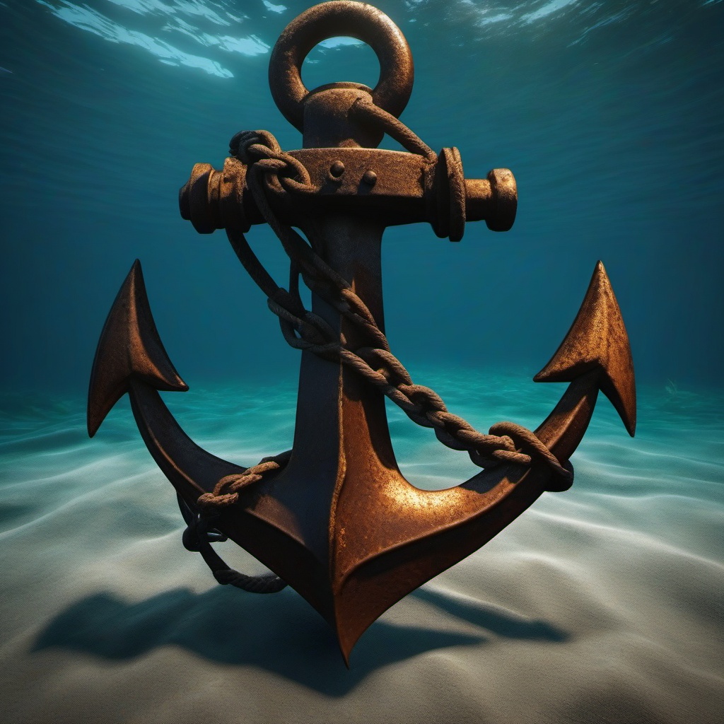 A rusted anchor rises from the depths of the sea, revealing the mysteries of the deep.  8k, hyper realistic, cinematic