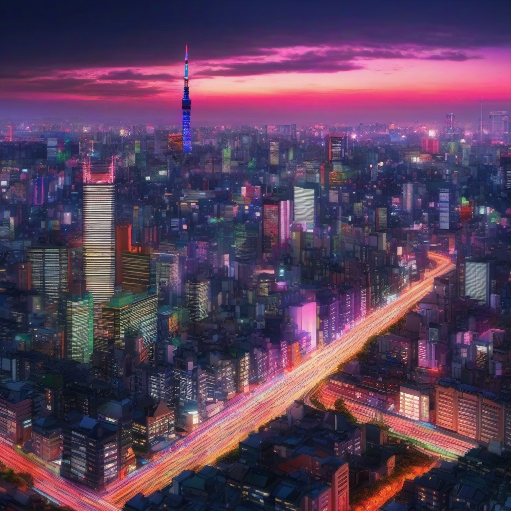 Background City - Tokyo Skyline at Dusk, a Modern Metropolis with Neon Lights  intricate patterns, splash art, wallpaper art