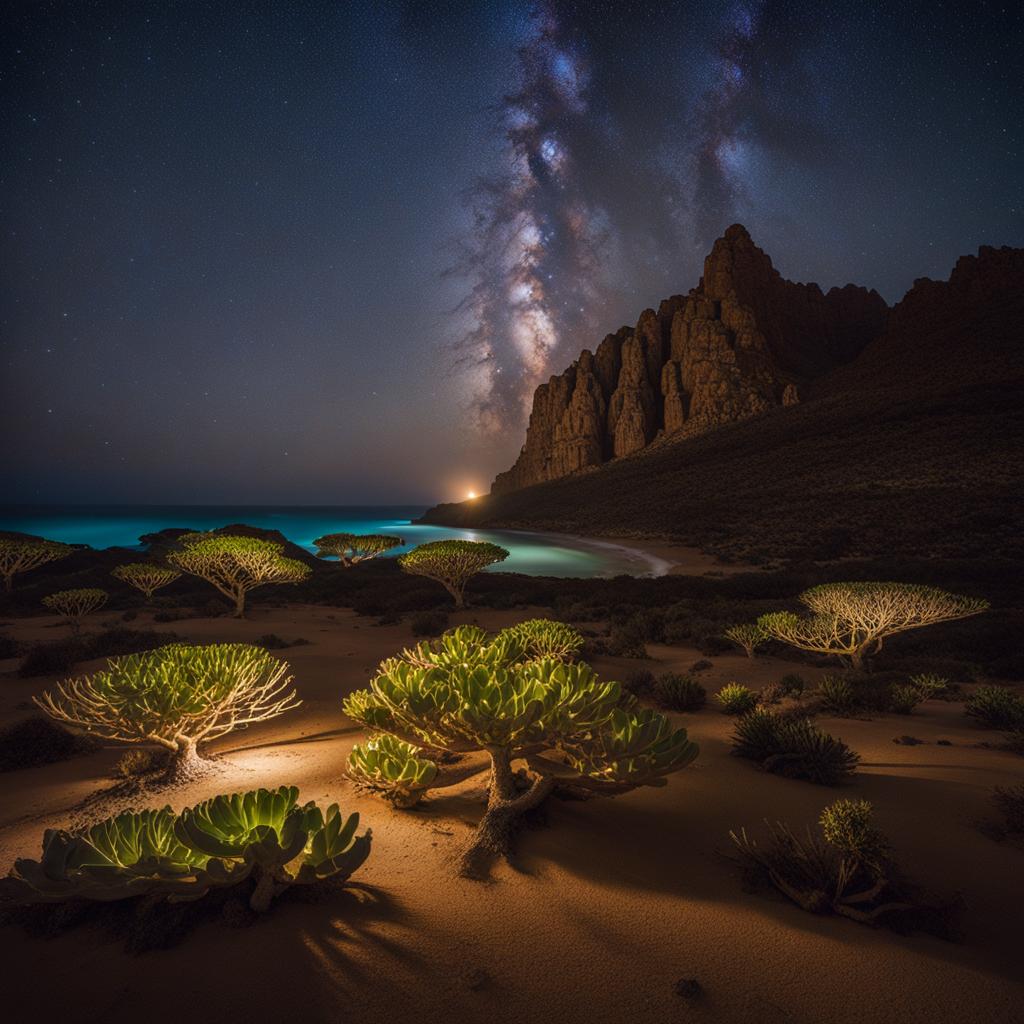 socotra, yemen - capture the mystical beauty of socotra's unique landscapes under a starry night sky. 