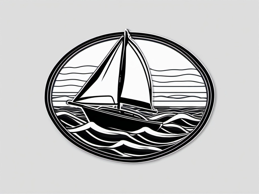 Sailboat in Waves Sticker - Sailboat navigating ocean waves, ,vector color sticker art,minimal