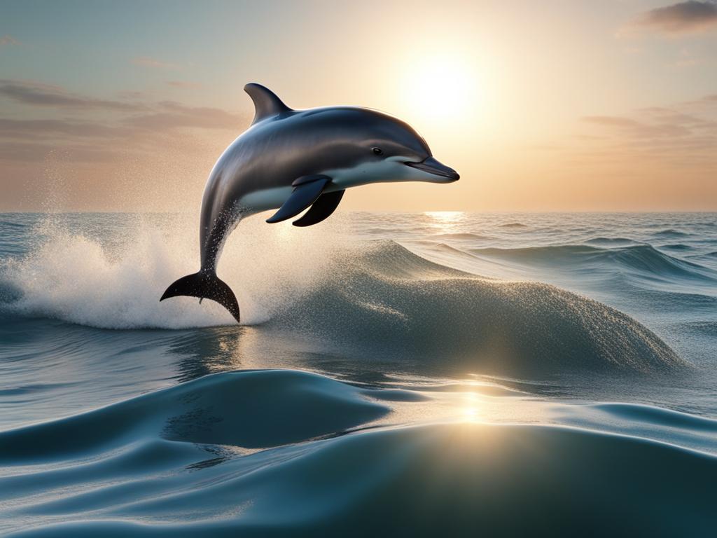 dolphin calf leaping out of the sparkling ocean waves 8k ultrarealistic cinematic 