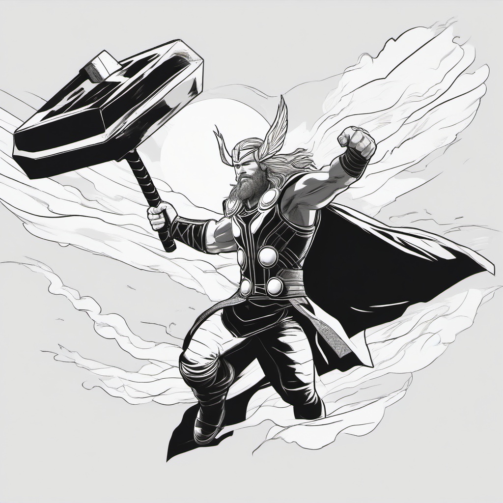 drawing of Thor flying through the sky with Mjölnir  minimal rough sketch scribbles,doodles,black and white