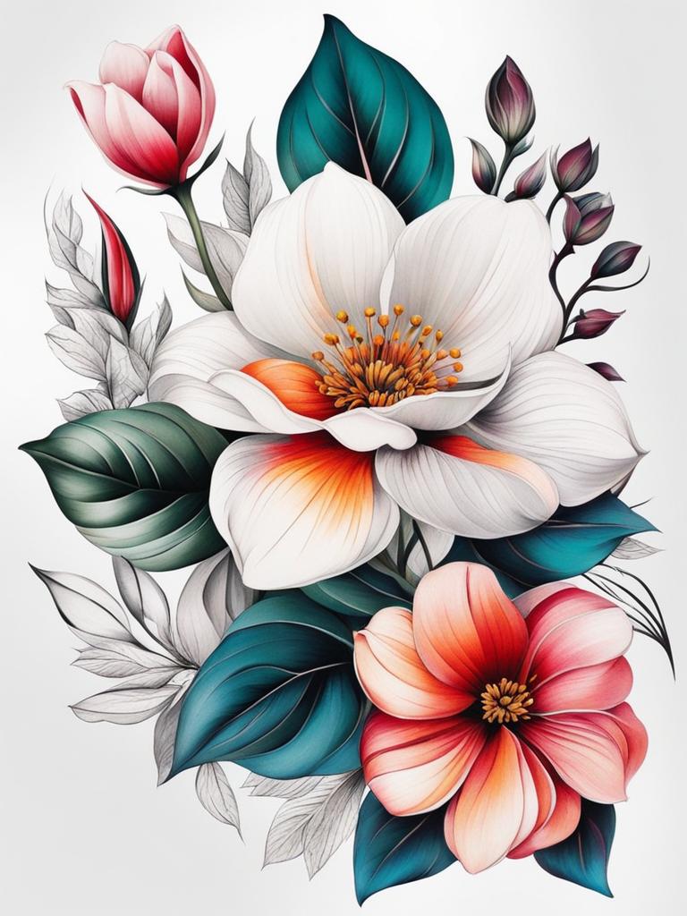 Flower tattoos for women, Elegant and artistic tattoos featuring various flowers, often preferred by women.  vivid colors, white background, tattoo design