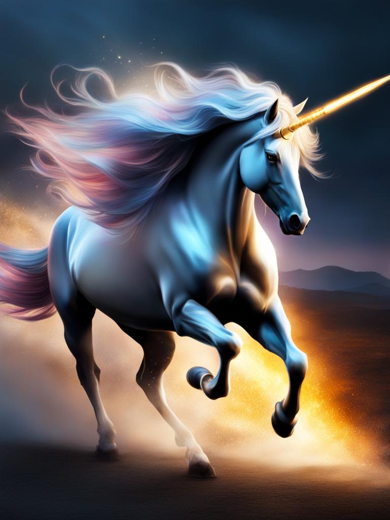 fierce unicorn charging into battle, its horn glowing with mystical energy as it defends a magical realm. 