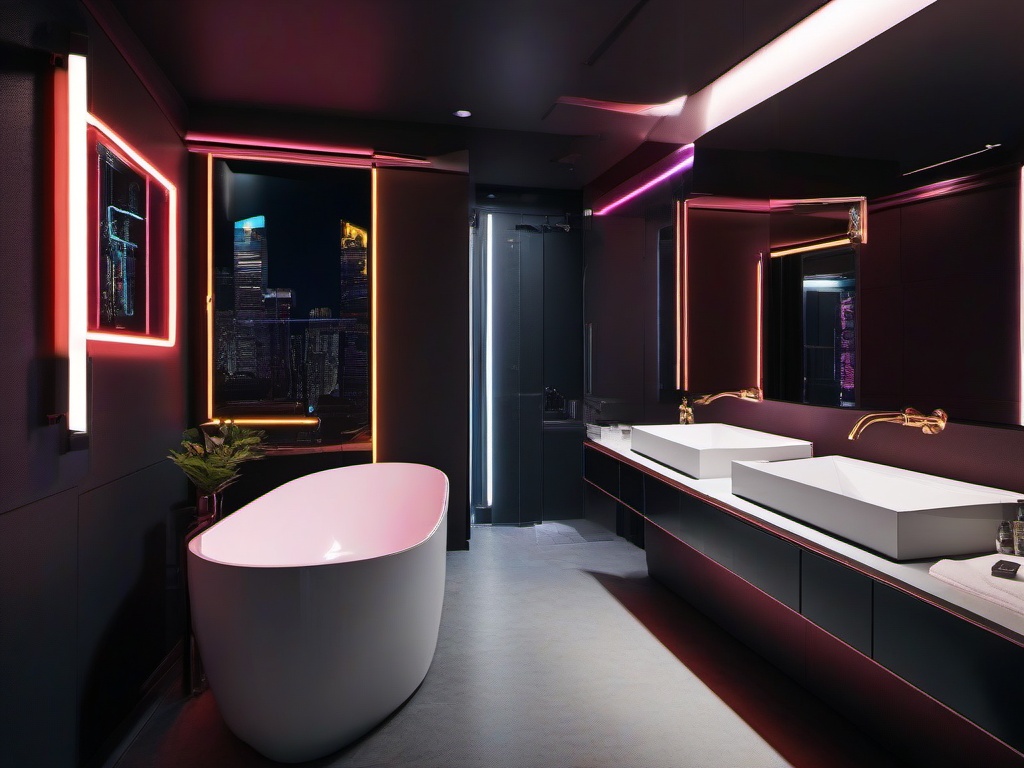 In the guest bathroom, cyberpunk interior design features modern fixtures, vibrant decor, and sleek lines that create an inviting atmosphere for visitors.  