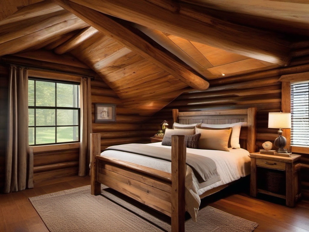 Rustic bedroom highlights a wooden bed frame, warm bedding, and simple decor, evoking a charming and comfortable cabin feel.  