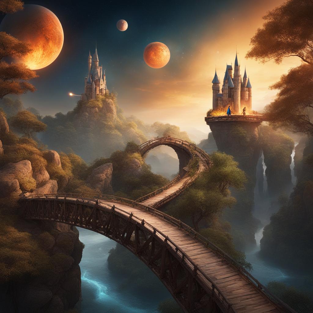 A curved Path made of Rocks which is old and floating in space leads to a cosmic castle. The bridge is old and its breaking from places and its debris is flying around. there is a forest explorer in safari outfit walking on that bridge with a fire torch in his hand.