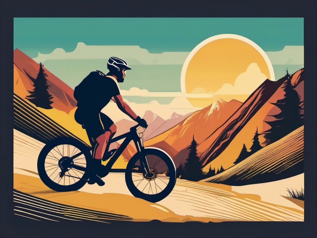 Mountain Biking Uphill Climb Clipart - A mountain biker climbing uphill on a trail.  color vector clipart, minimal style