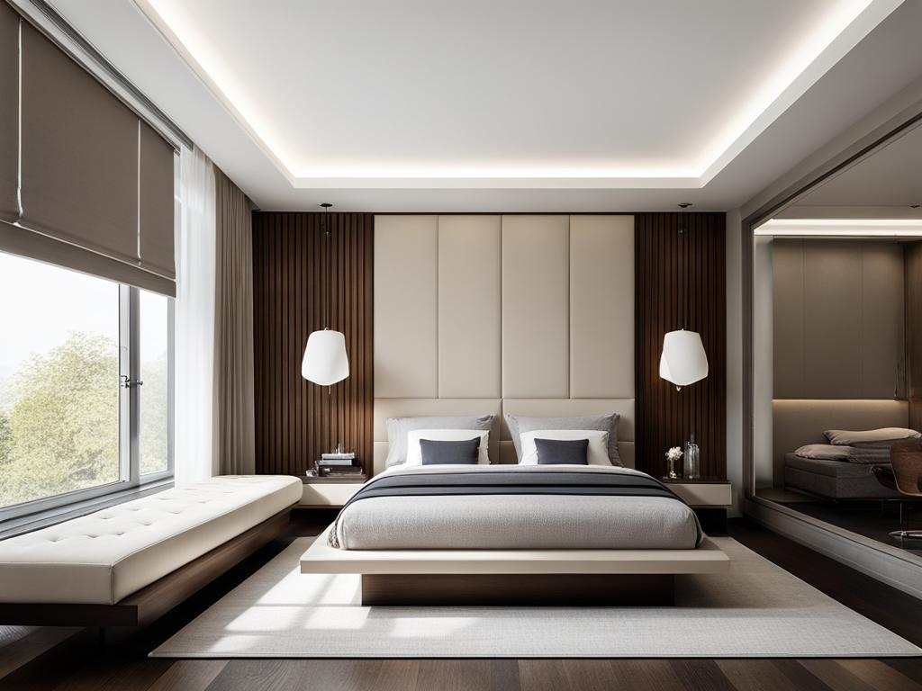 contemporary bedroom with a platform bed and a neutral color palette. 