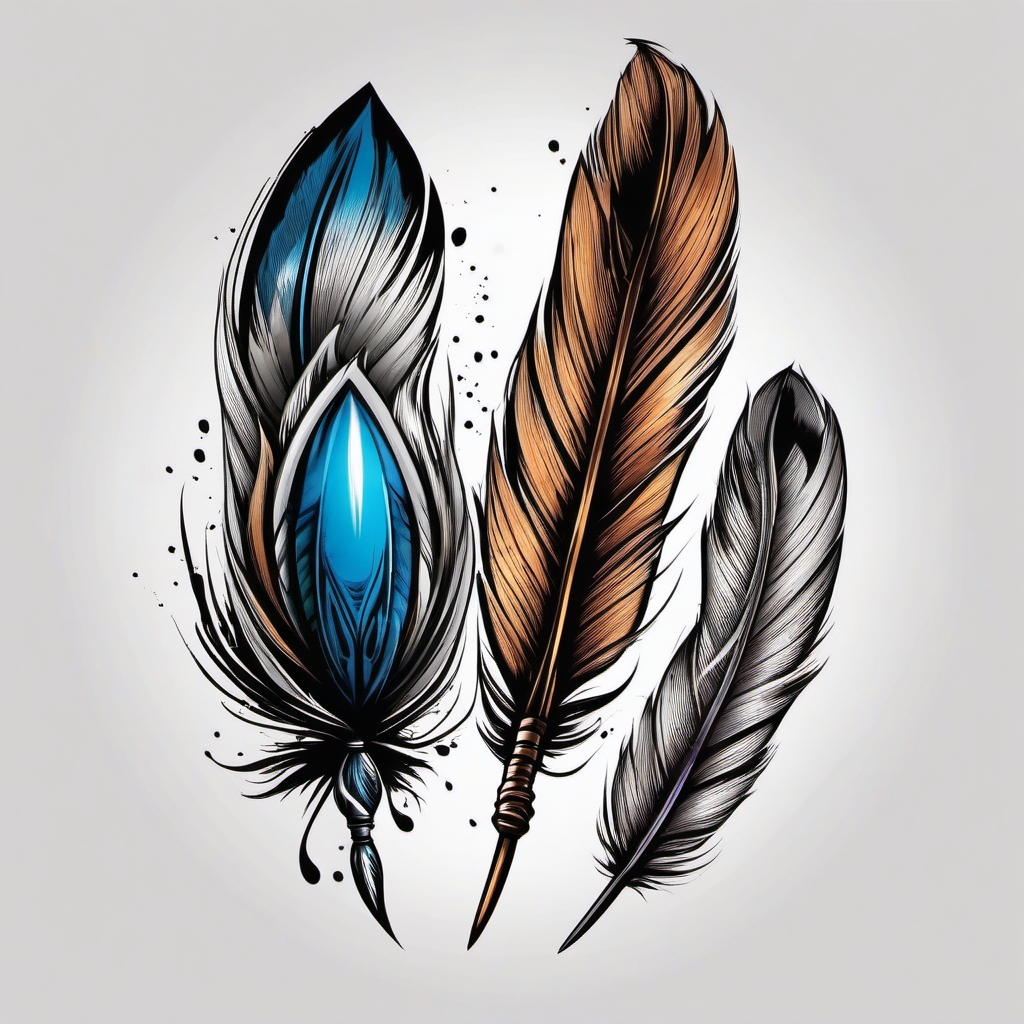 Rustic bullet with feathers ink. Fusion of strength and grace.  color tattoo design, white background