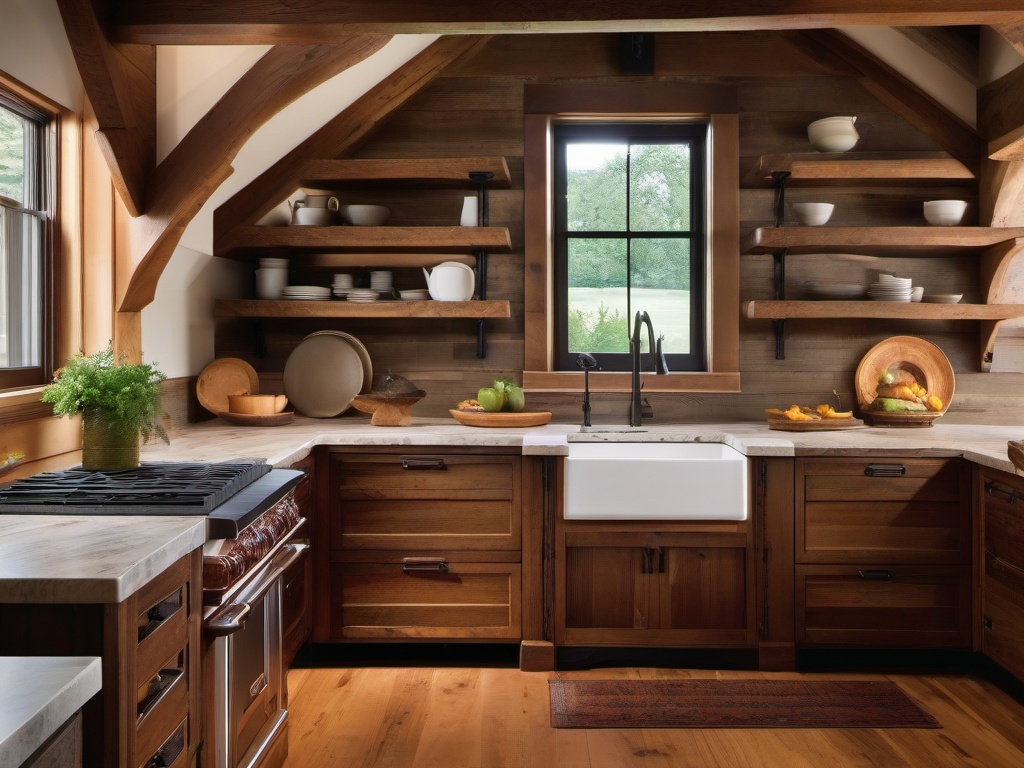 Rustic farmhouse kitchen with exposed Reclaimed Oak beams, Viking professional-grade appliances, and Rohl farmhouse sink in vintage copper.  