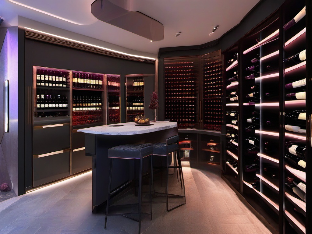 In the wine cellar, cyberpunk interior design features innovative storage solutions, ambient lighting, and urban-inspired decor that creates a unique space for wine enthusiasts.  