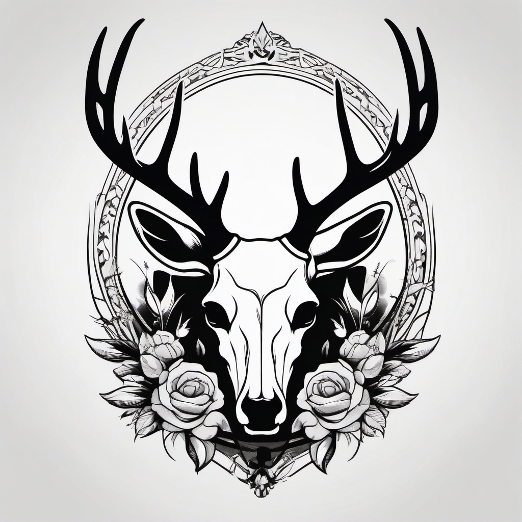 Simple antlers frame a deer skull, a clean tribute to wildlife.  black and white tattoo style