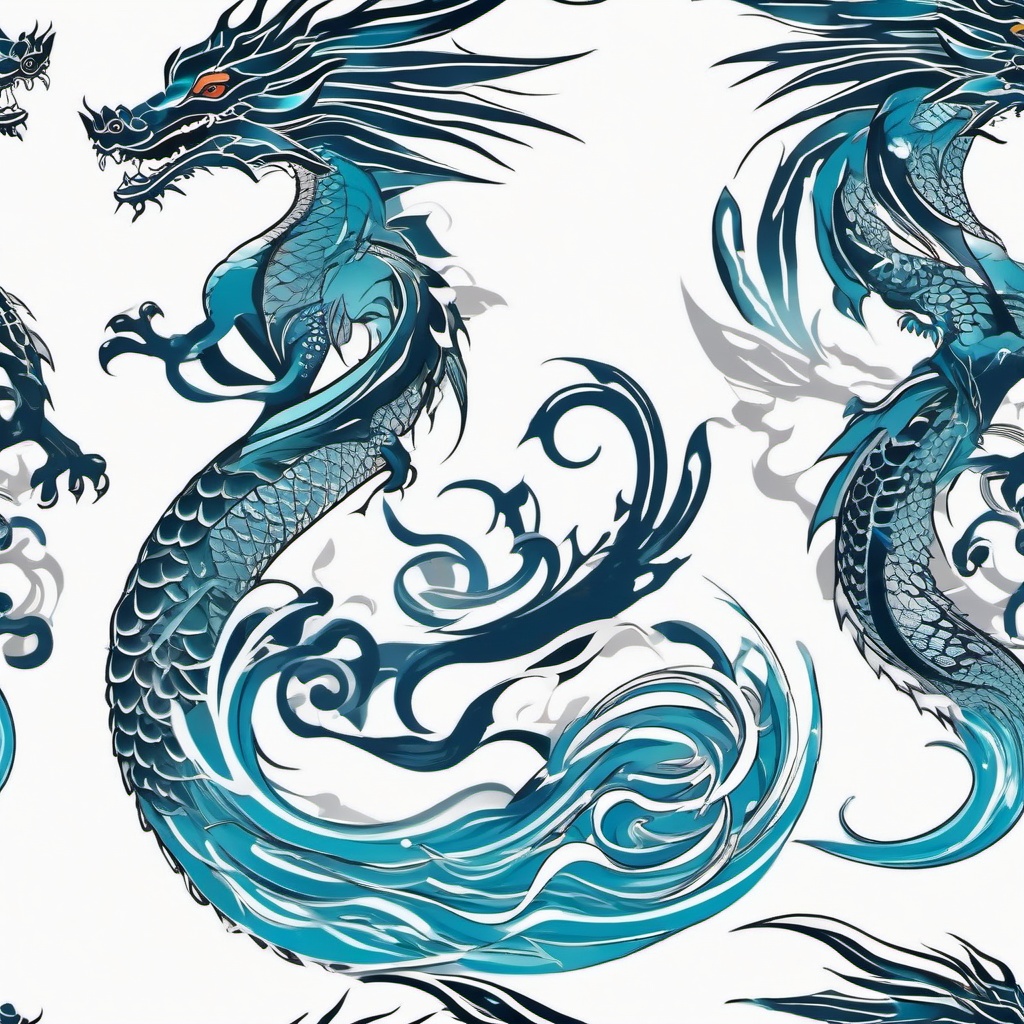 Water Dragon Tattoo - Tattoos with dragon motifs incorporating water elements for a fluid design.  simple color tattoo,minimalist,white background