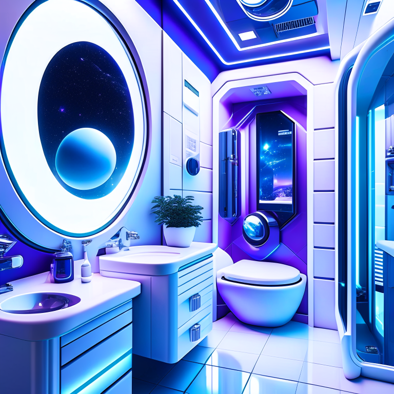 space station bathroom with futuristic amenities and celestial-themed fixtures. 