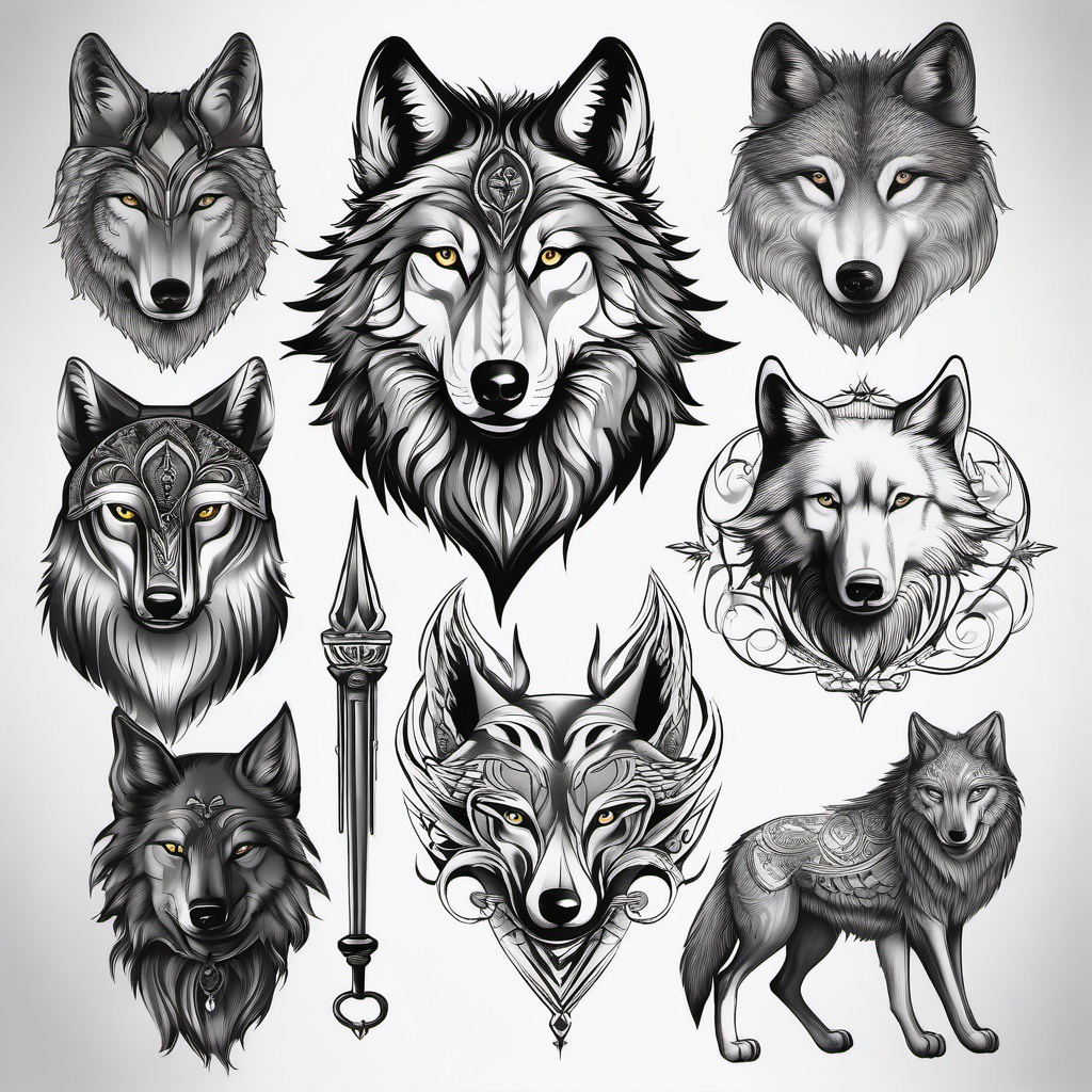 Ink Wolves Tattoo,collection of various wolf-themed tattoos, each showcasing the majesty and mystique of the wolf. , tattoo design, white clean background