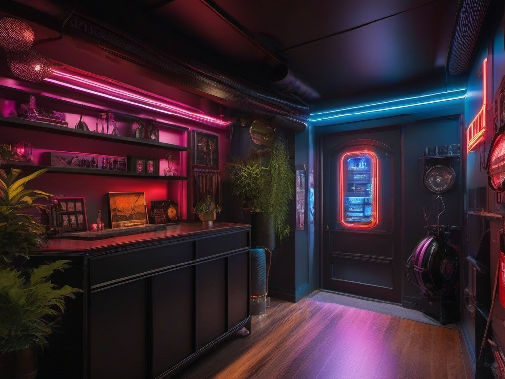 In the entryway, cyberpunk interior design showcases an industrial aesthetic with metal accents, neon signs, and sleek storage solutions that create an impressive first impression.  