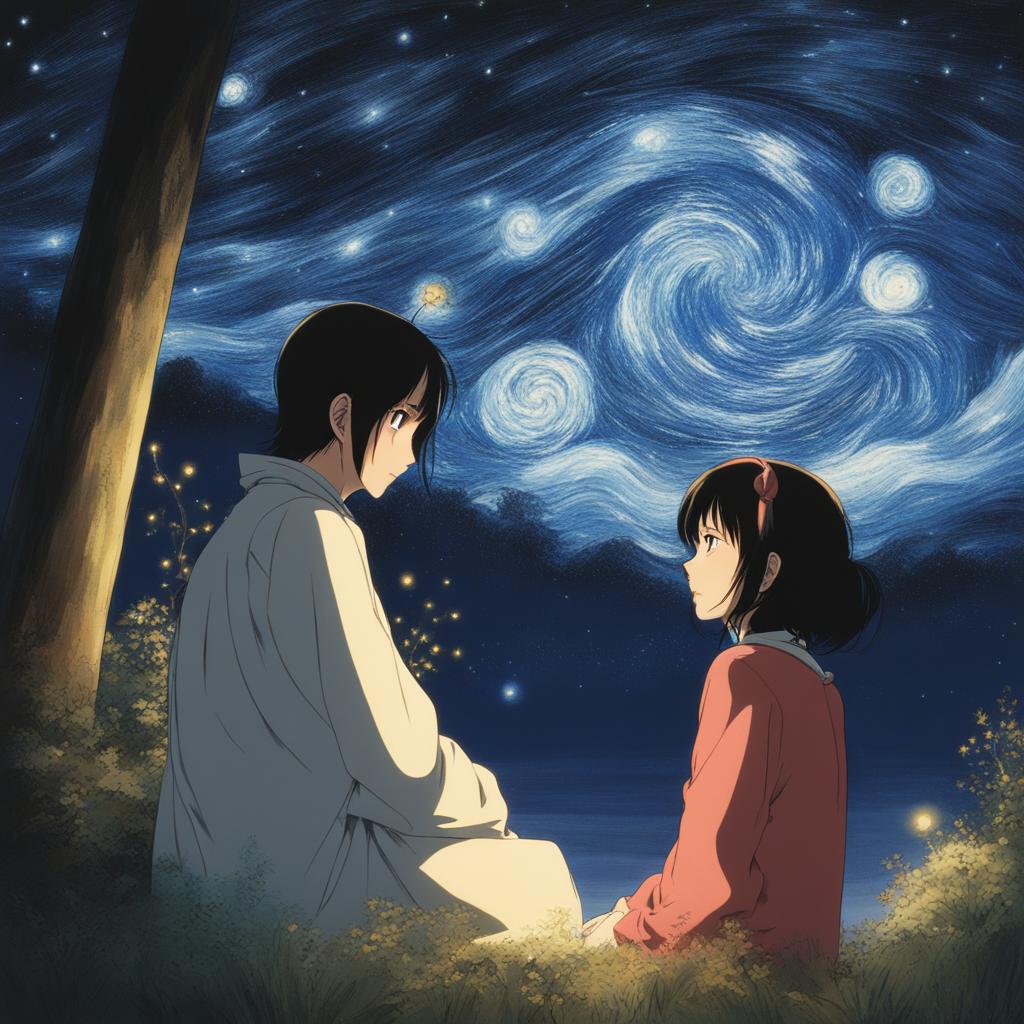 koyomi araragi engages in a conversation with a supernatural being beneath a starry night. 